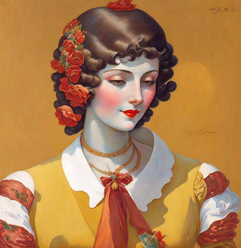 Portrait of Woman with Dark Hair in Yellow Dress and Red Flowers