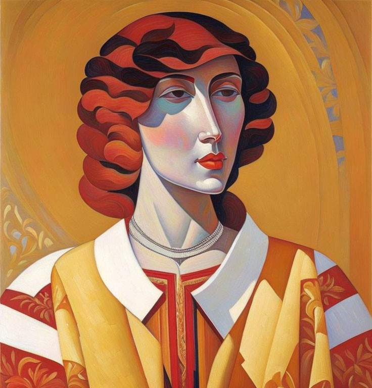 Figure with Wavy Red Hair and Ornate Garment on Golden Background