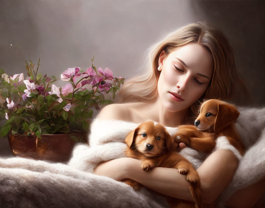 Woman with two puppies in fluffy blanket near potted plant with purple flowers