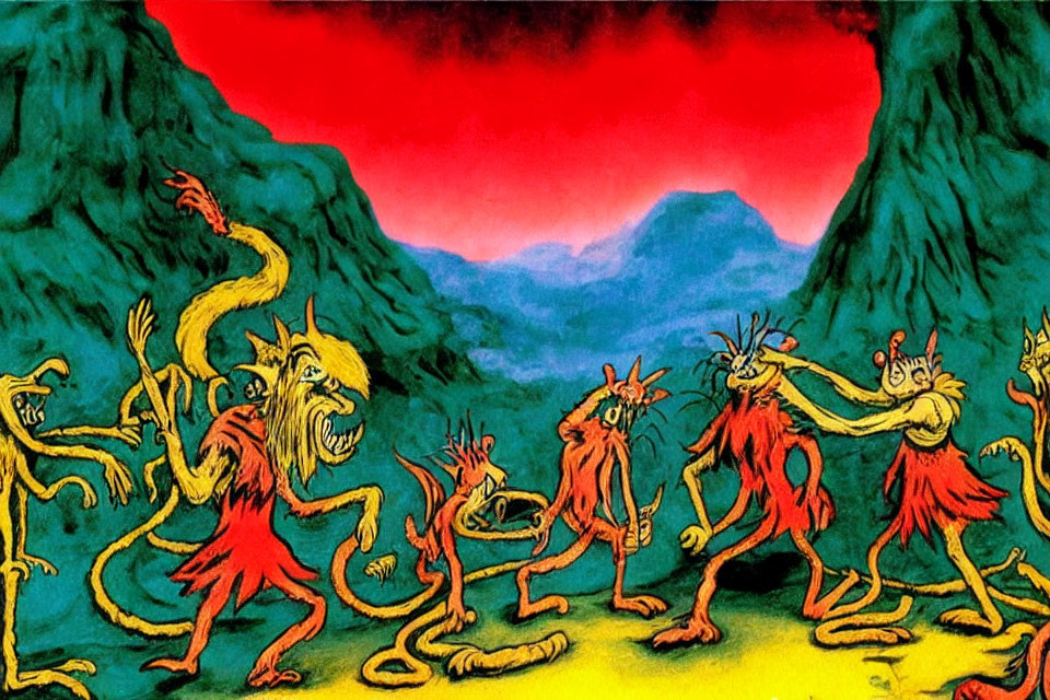 Fantastical creatures dancing under red sky between green mountains