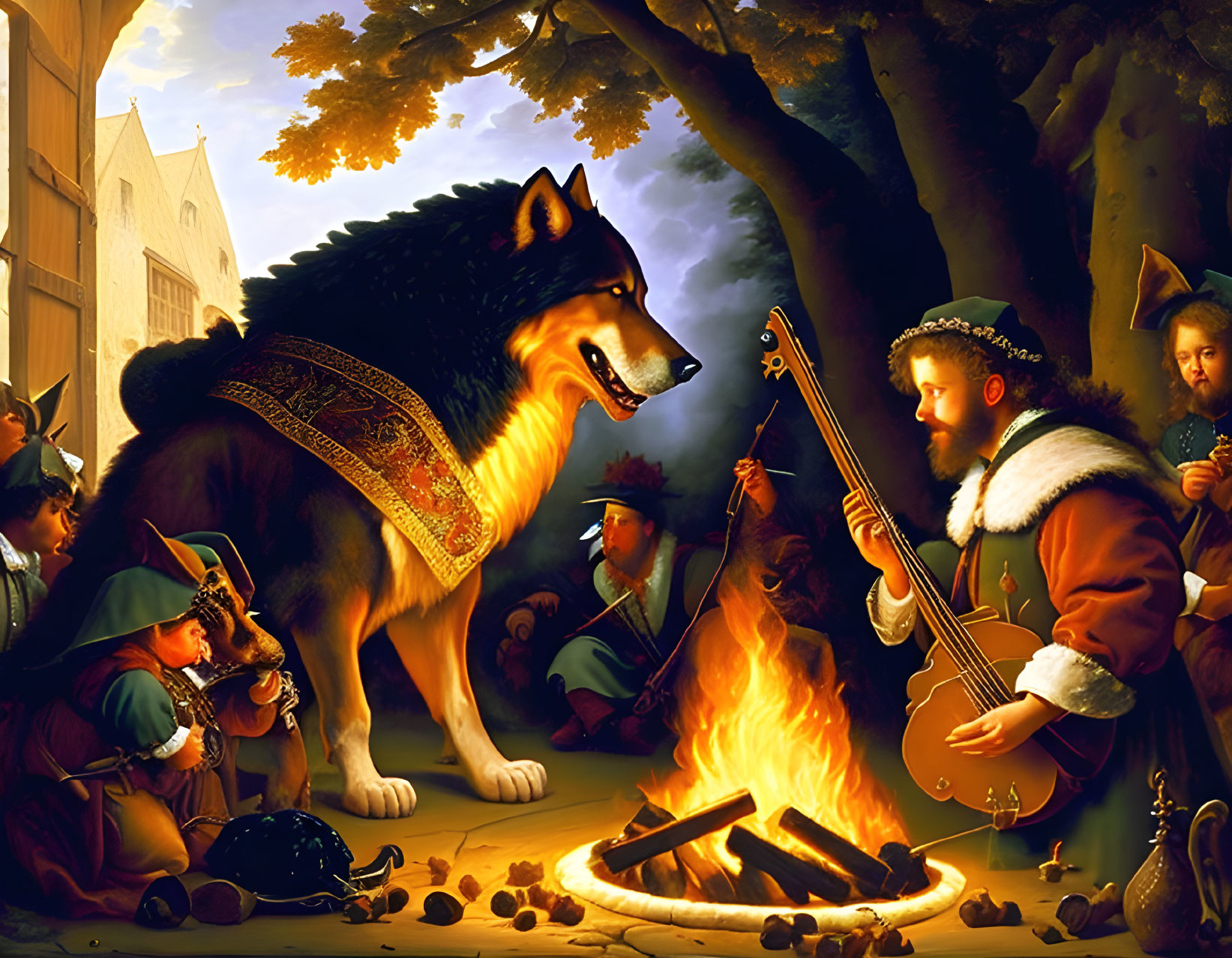 Giant dog watching medieval musicians by fire under tree