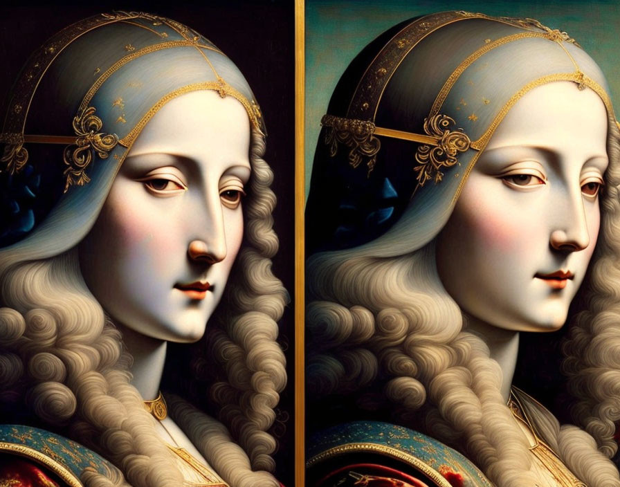 Comparison of Two Pale-Skinned Woman Portraits with Serene Expressions