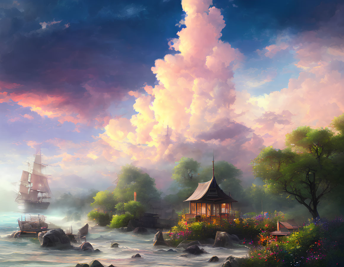 Traditional Pagoda by Water with Vibrant Flowers, Sailing Ship, and Sunset Sky