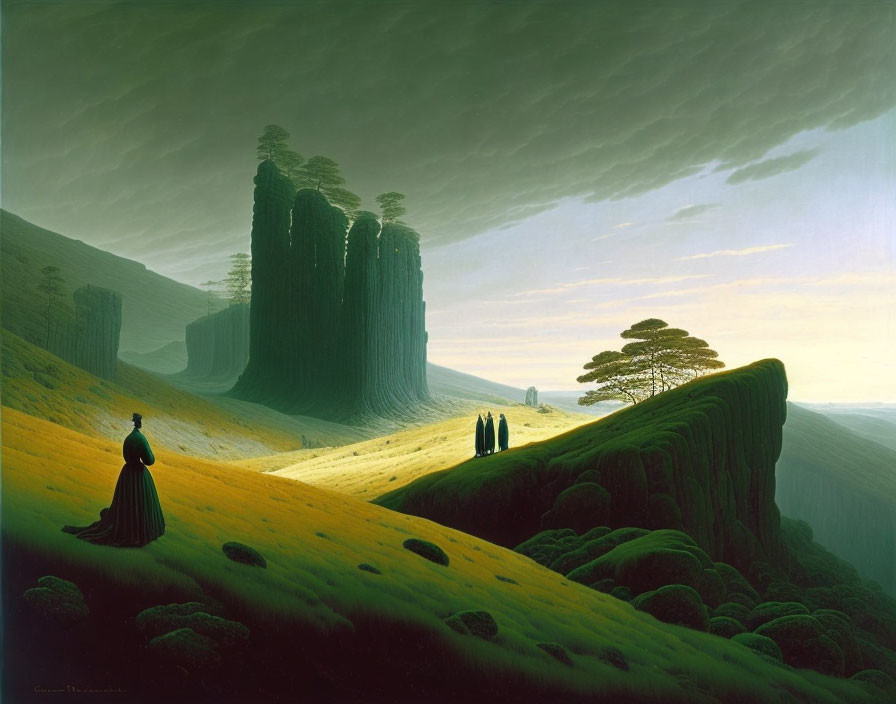 Victorian Figures in Surreal Green Landscape with Tree-Covered Towers