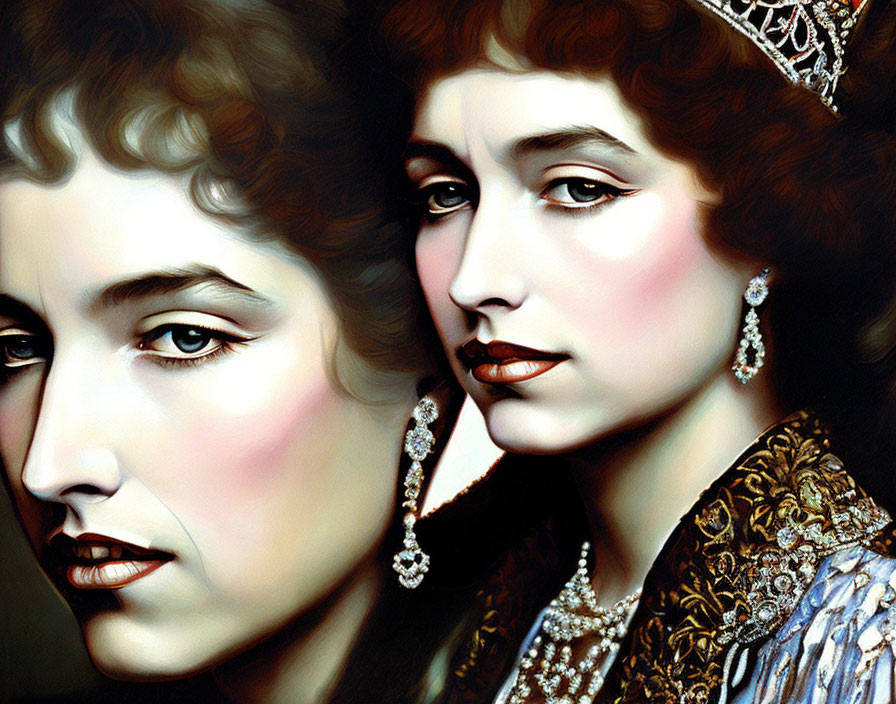 Regal women with vintage hairstyles and jewelry in a painting