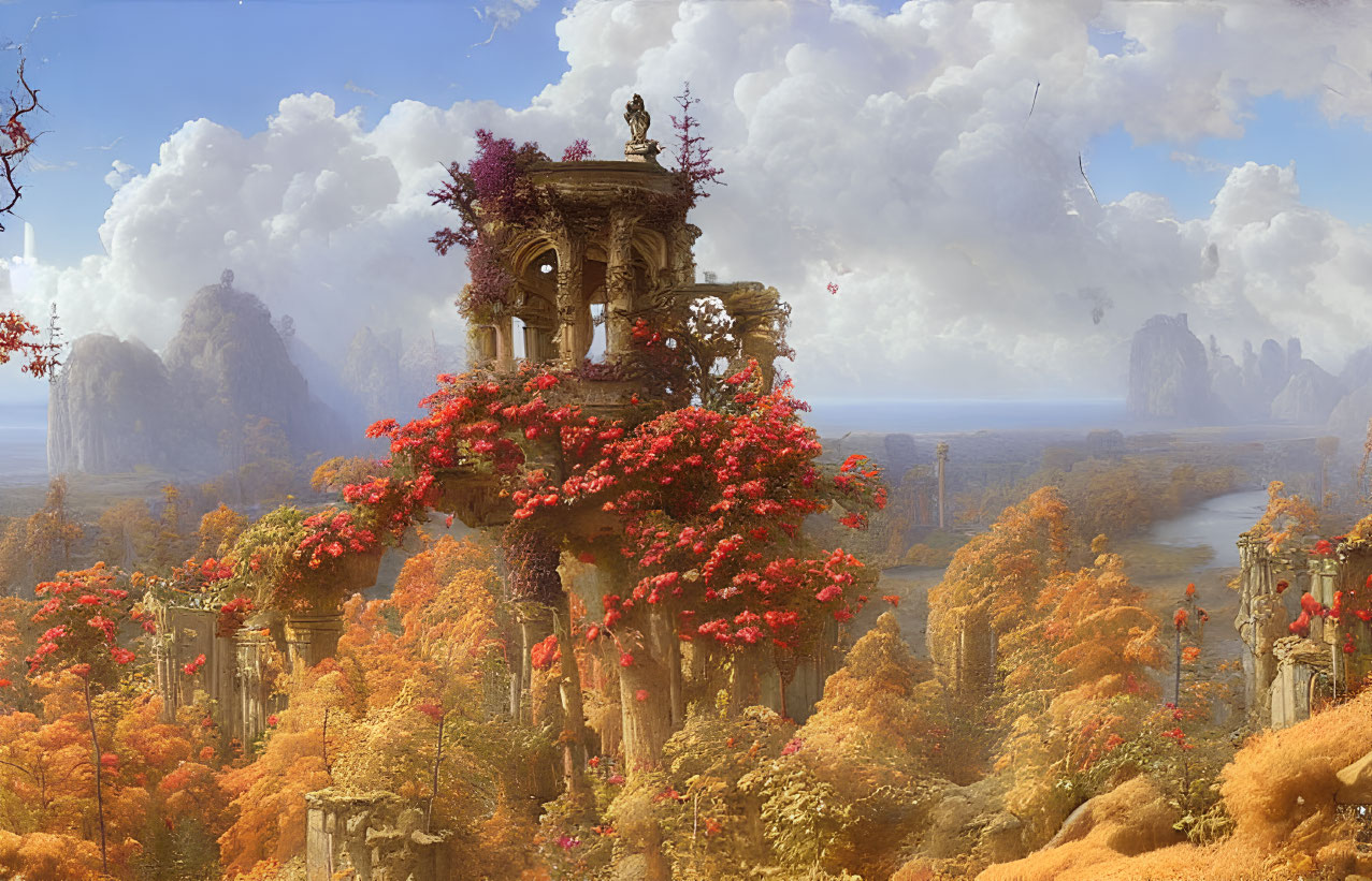 Majestic autumn landscape with towering rock formations and ancient ruins.