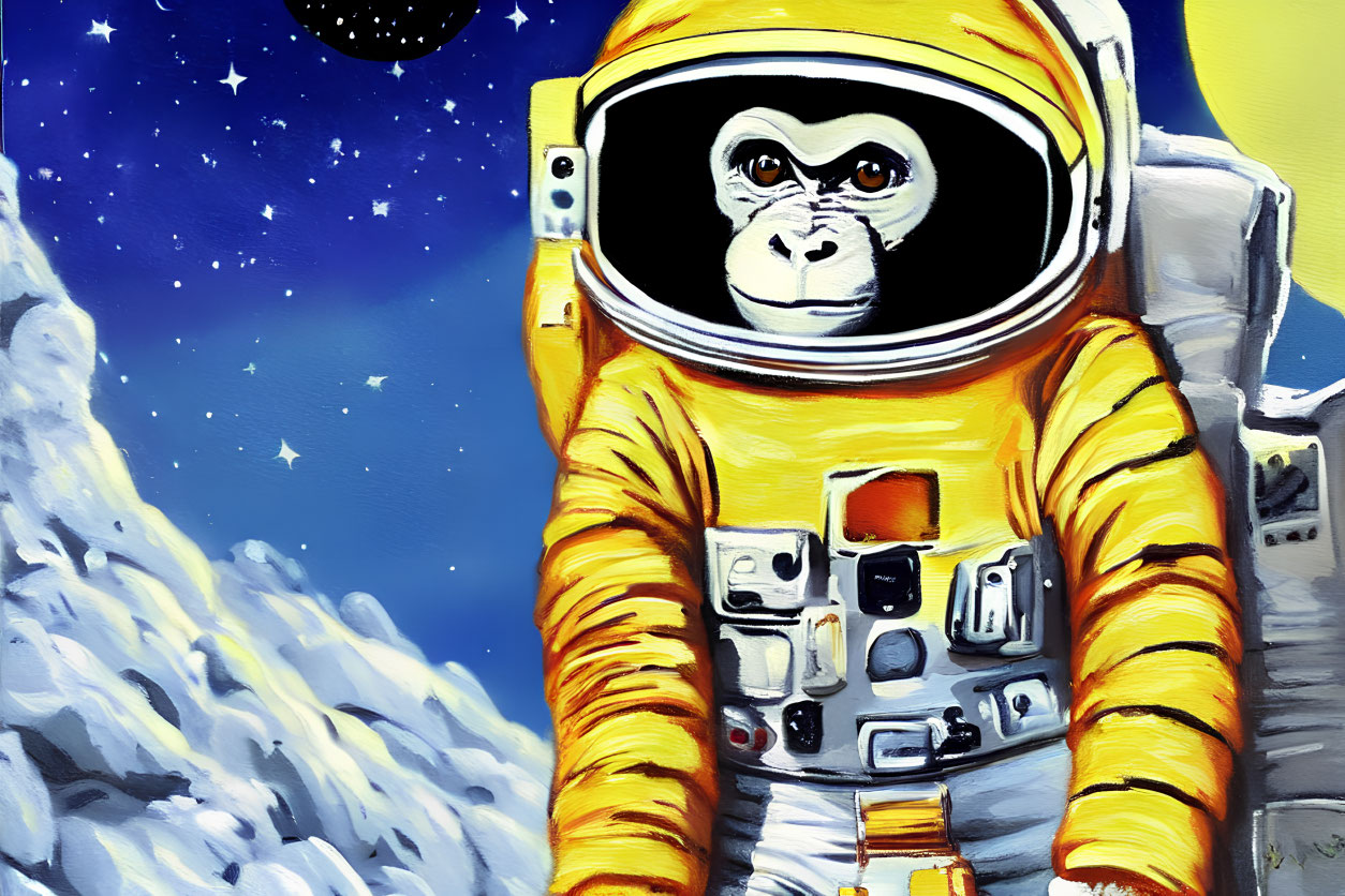 Monkey in astronaut suit on rocky surface with stars & planet.