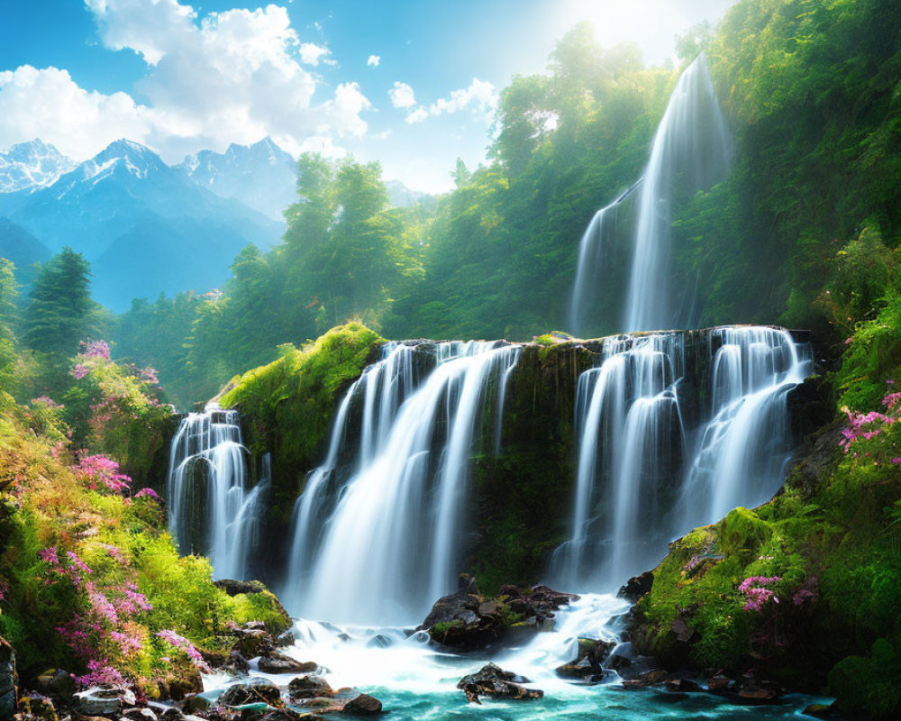 Majestic multi-tiered waterfall in lush greenery and pink flowers