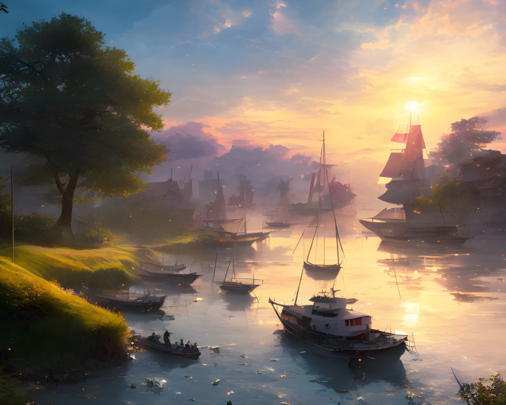 Tranquil harbor at sunset with sailing ships and golden sky reflected on water