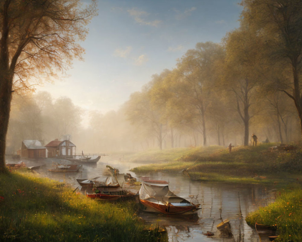 Tranquil river dawn with boats, trees, house, and person in golden light