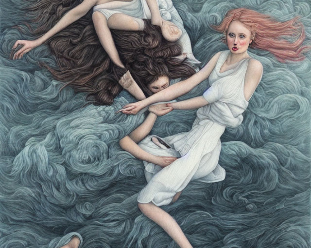 Three figures in flowing white dresses entwined in wavelike textures