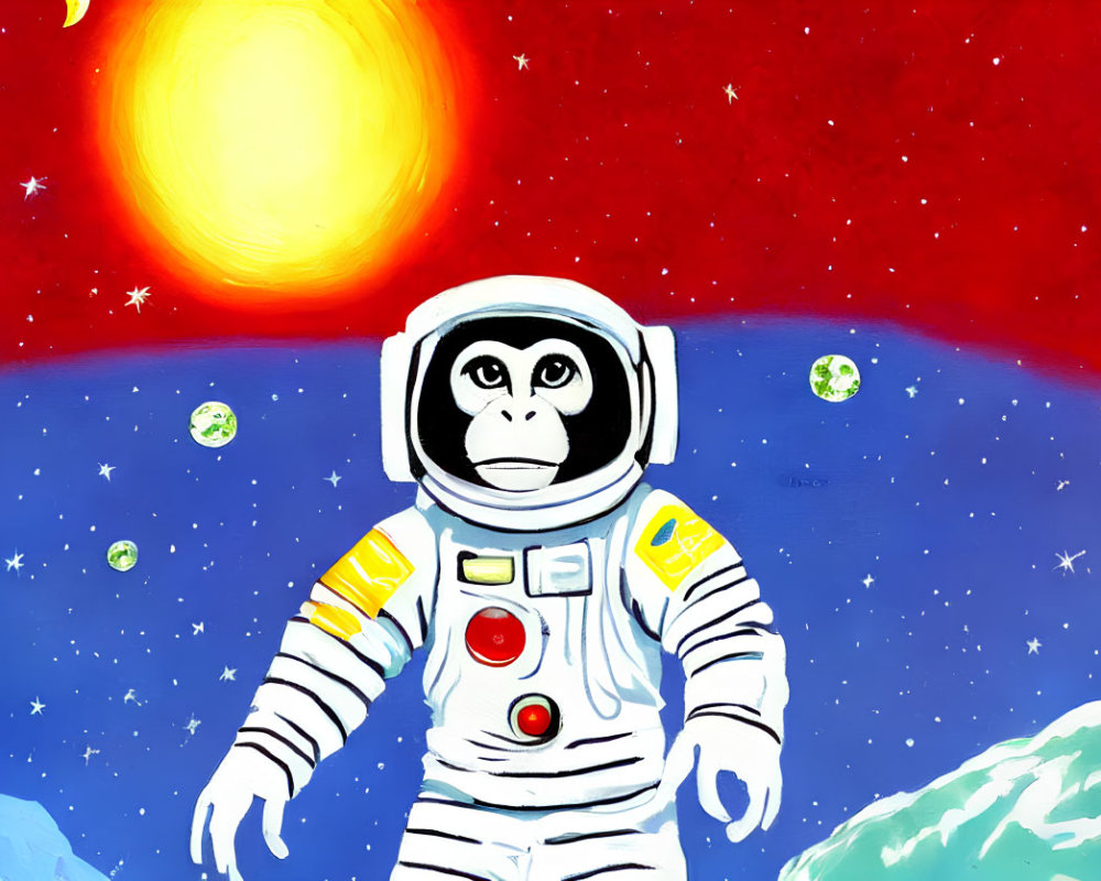 Astronaut monkey in white suit floating in space with red nebula, sun, and planets