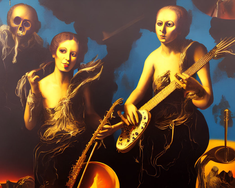 Surreal painting featuring skull-faced figures playing guitar in fiery setting