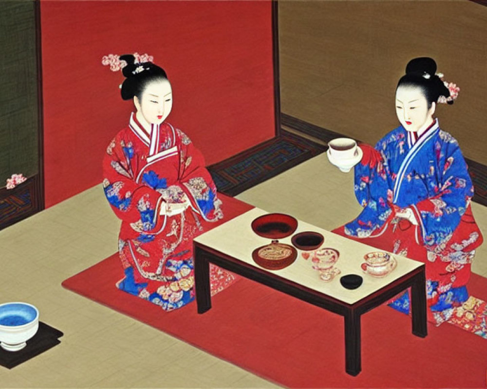 Traditional tea ceremony with individuals in cultural attire on tatami flooring