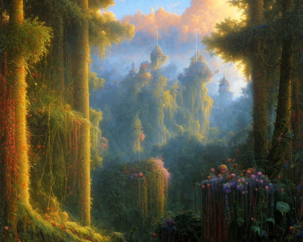 Majestic forest scene with towering trees, hanging moss, and floating structures in golden light