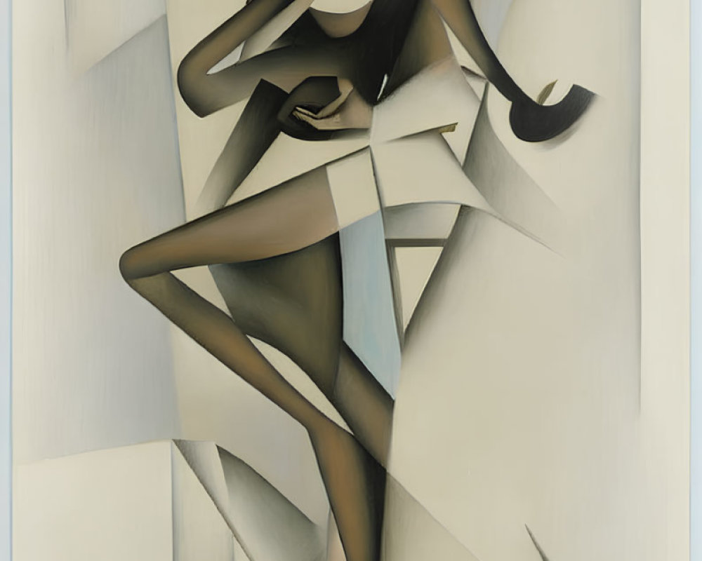 Abstract Cubist Painting of Female Figure with Geometric Shapes