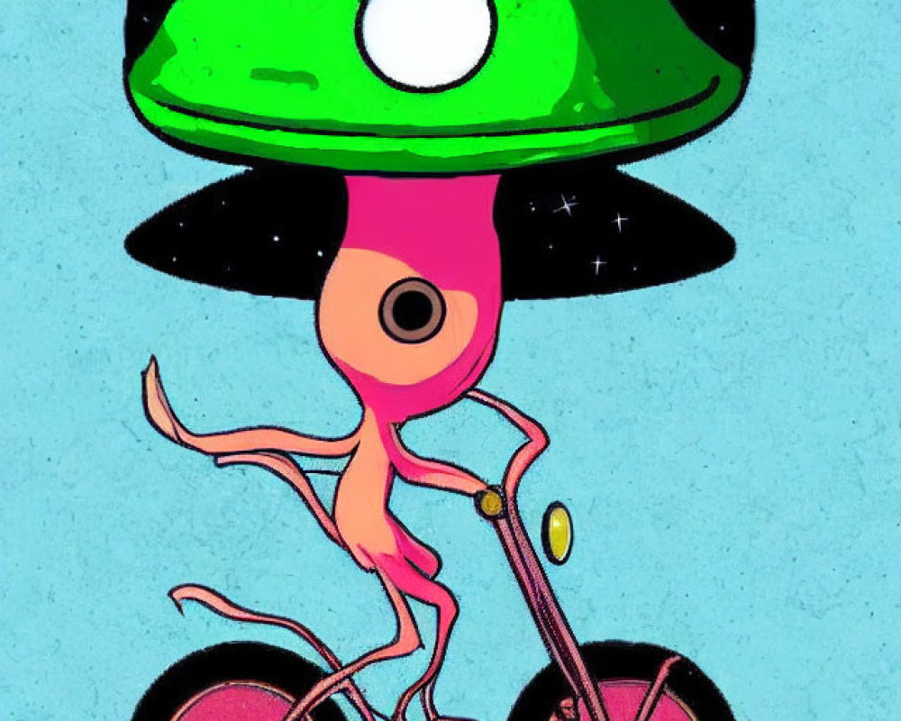 Pink alien riding red bicycle with mushroom helmet on blue background