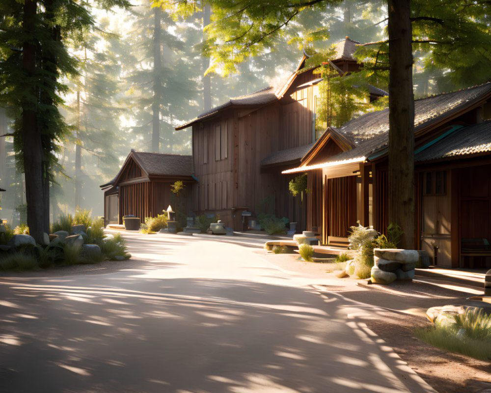 Tranquil Wooded Scene with Sunlit Path to Rustic Cabins