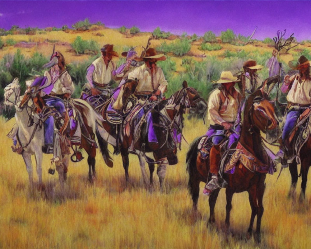 Cowboys on Horses Riding Through Field of Purple Wildflowers