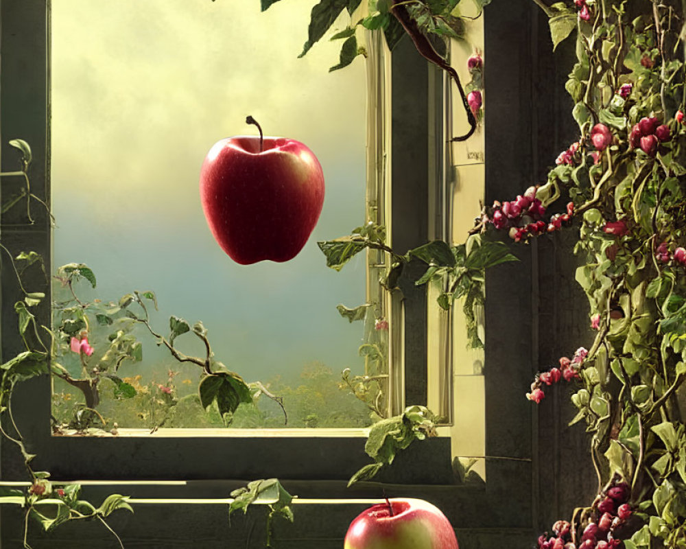 Levitating apple by window with vines and misty landscape view