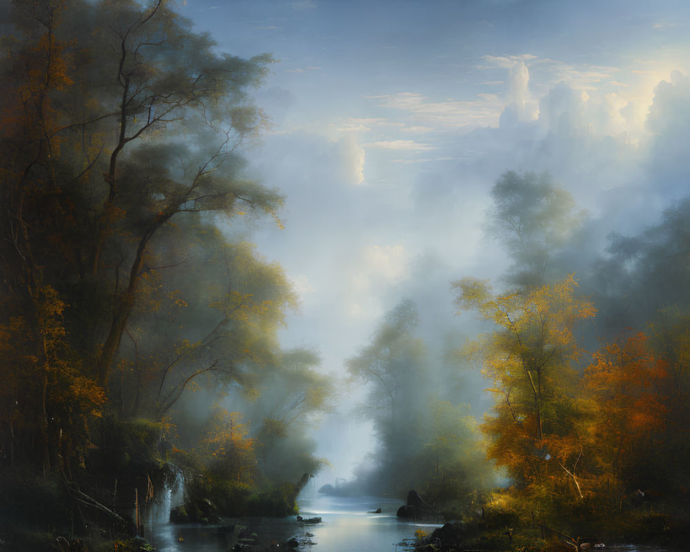 Mystical forest scene: sunbeams, fog, autumn leaves, serene river