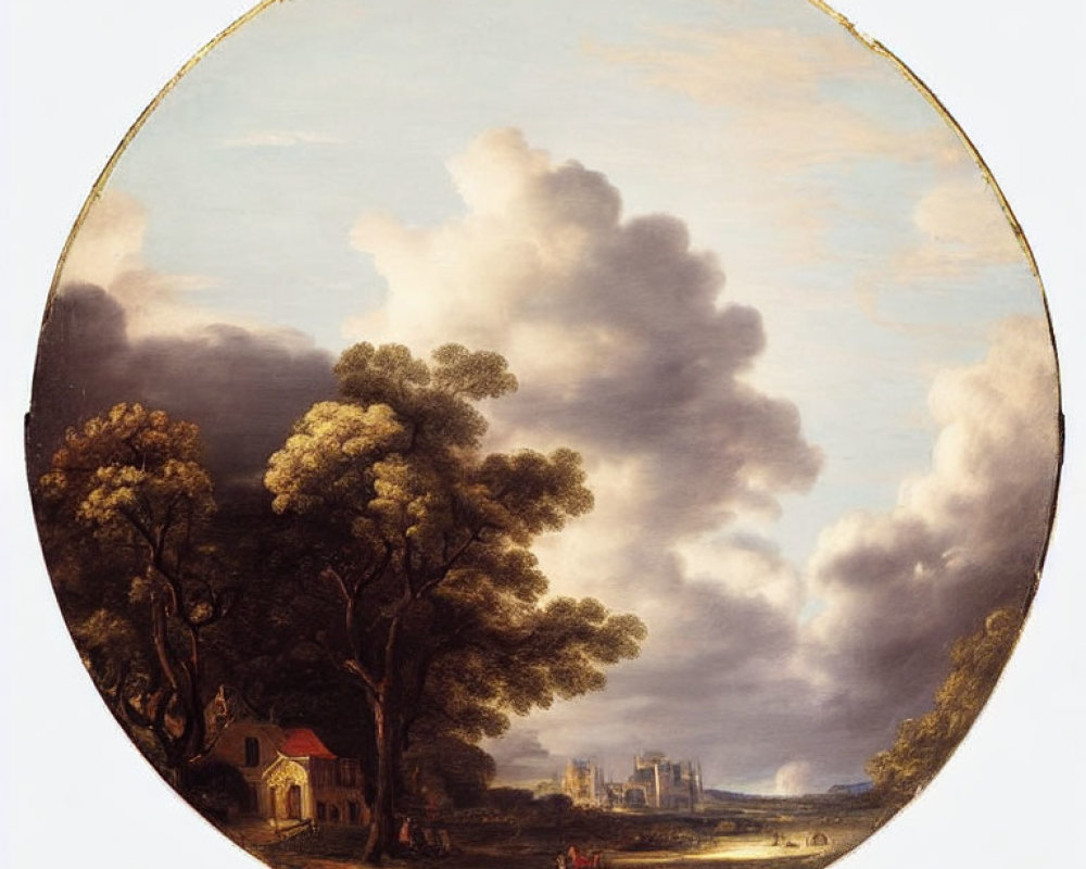 Circular painting of tranquil landscape with trees, house, ruins, figures, and dramatic sky