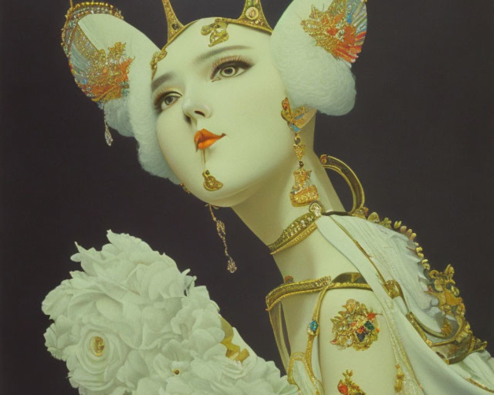 Stylized portrait of a person in white makeup with gold headpiece & floral attire