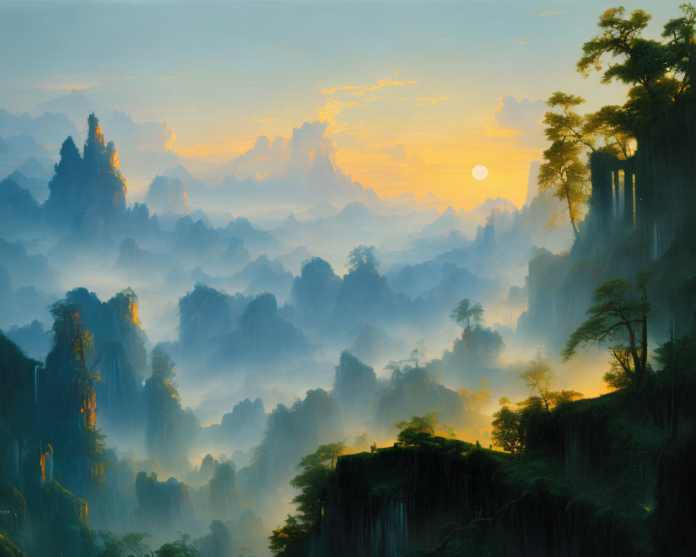 Sunrise over misty mountain landscape with warm sun glow on forested peaks.