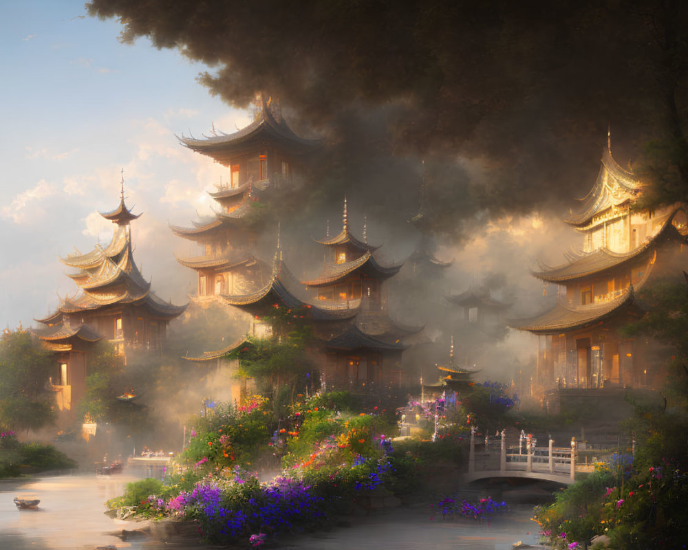 Tranquil river with pagodas, boat, and misty atmosphere