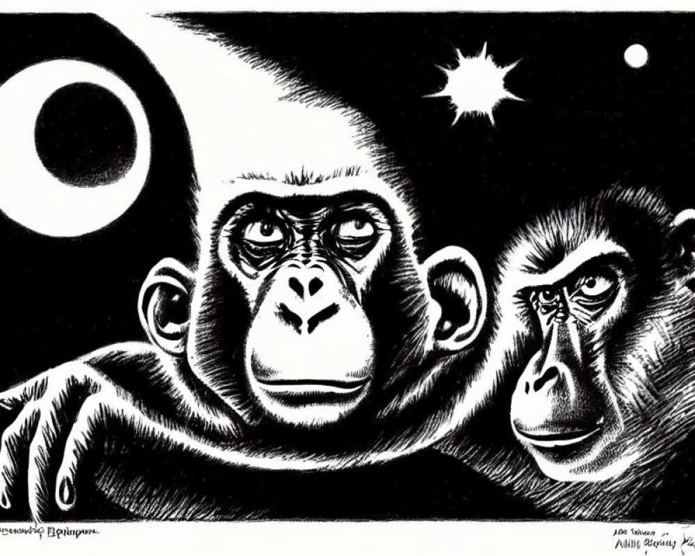 Monochrome primate illustration with star and crescent moon in dark sky