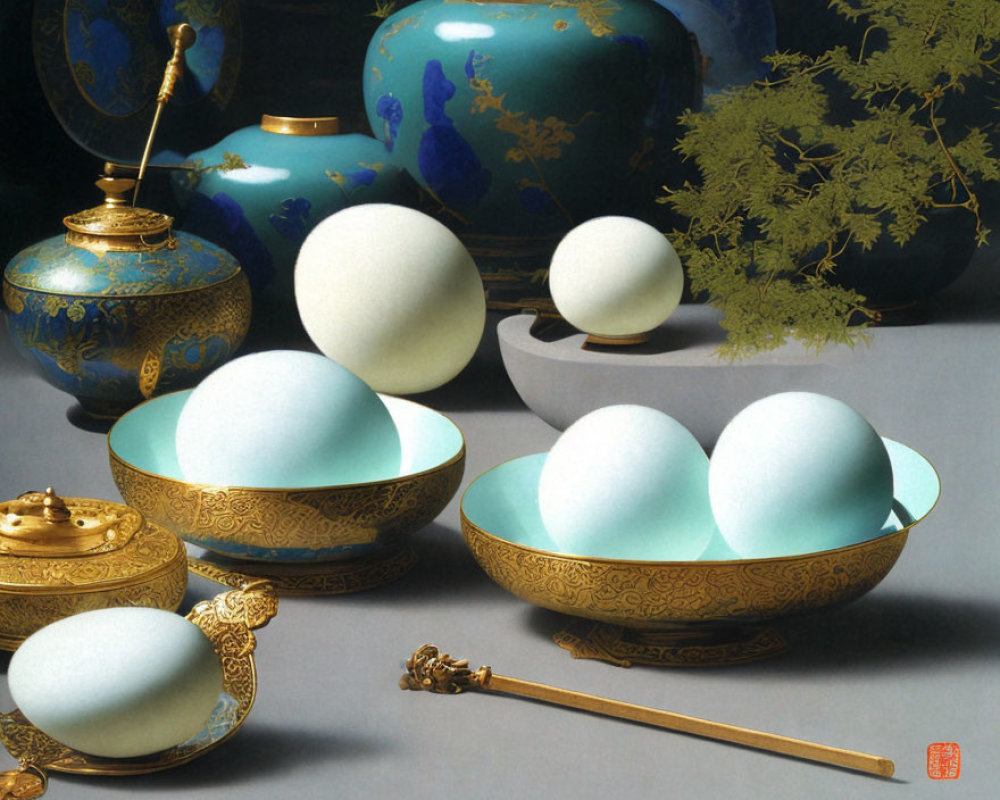 Golden-trimmed bowls and vases with white spheres against lush greenery