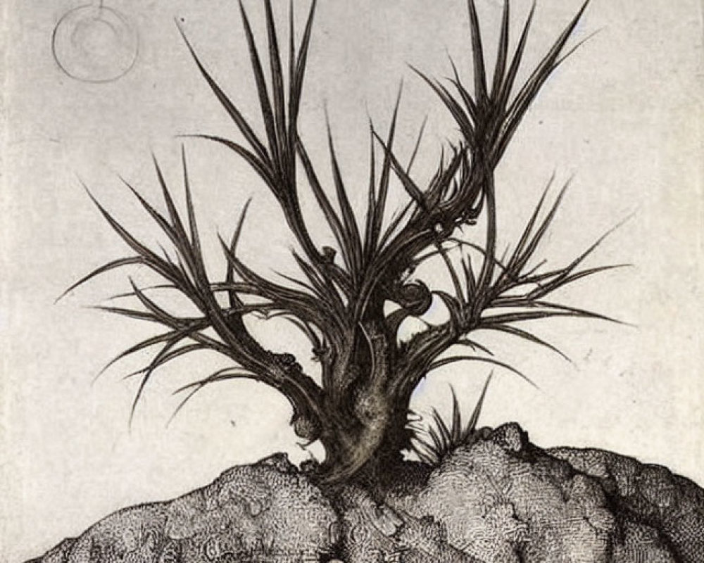 Surreal drawing of spiky tree branches and floating human head