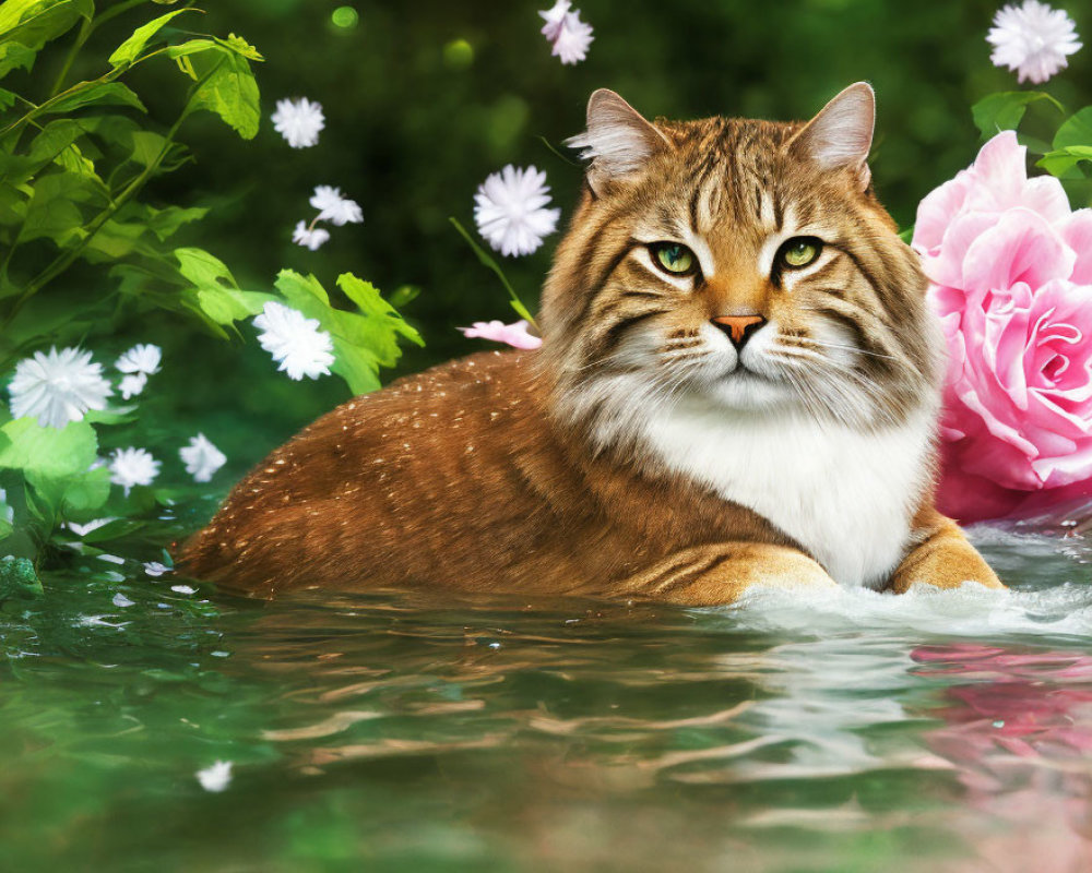 Fluffy cat with green eyes among white flowers and pink rose on green background