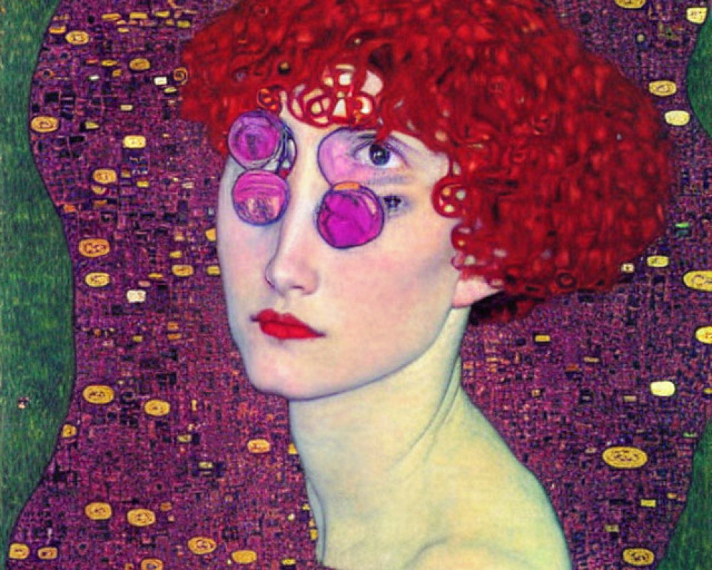 Red-haired woman portrait against purple and gold pointillist background