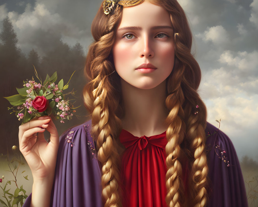 Young woman with braided hair in purple dress holding bouquet against cloudy backdrop