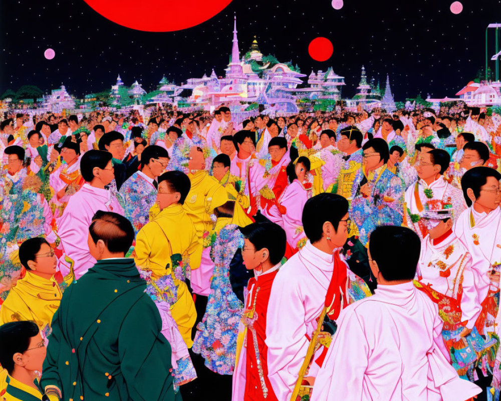 Vibrant traditional festival with crowds in costumes, futuristic buildings, and red moons.