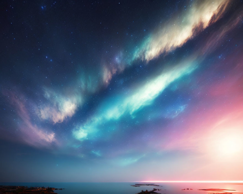 Vibrant aurora borealis lights up coastal night sky