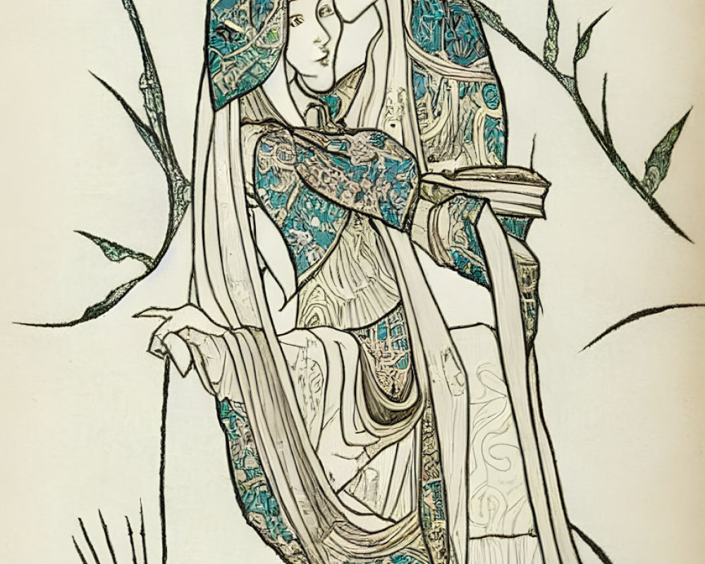 Art Nouveau style illustration of two figures embraced under ornate cloak