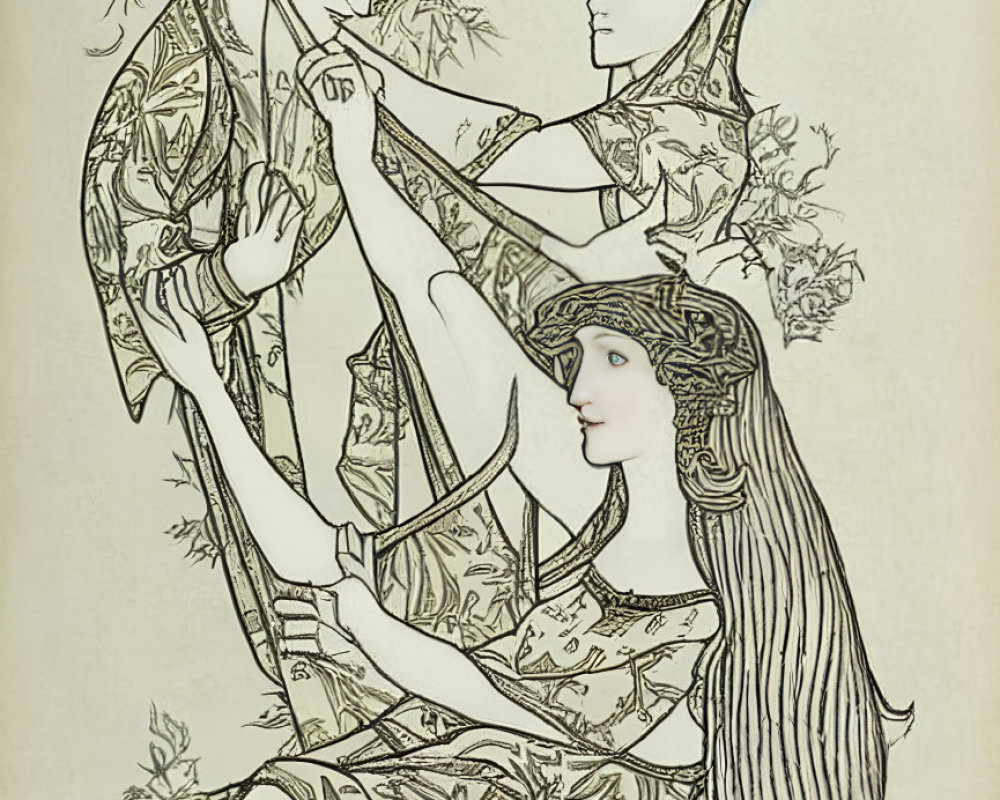 Art Nouveau illustration of three ethereal figures in intricate clothing amid stylized plants