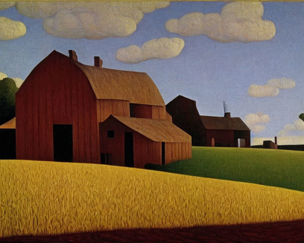 Stylized red barns in golden fields under fluffy cloud sky