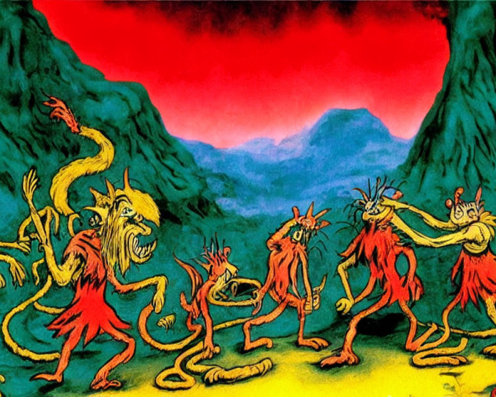 Fantastical creatures dancing under red sky between green mountains