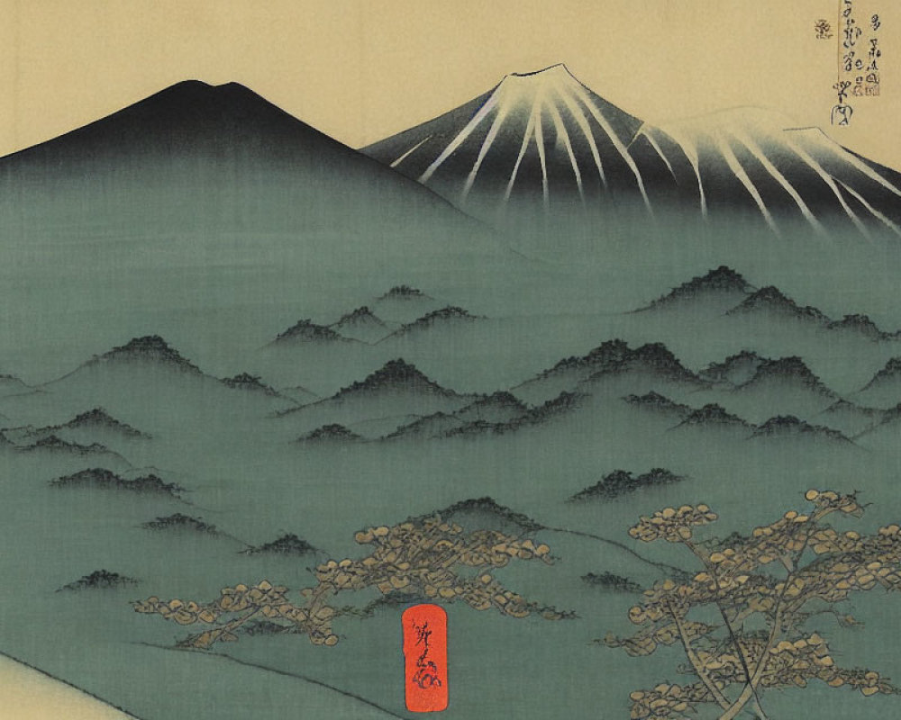 Japanese Ukiyo-e Art: Mount Fuji, Hills, and Tree Branch