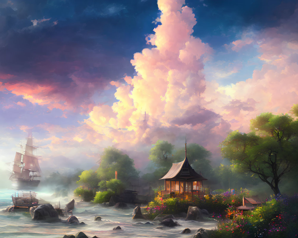 Traditional Pagoda by Water with Vibrant Flowers, Sailing Ship, and Sunset Sky