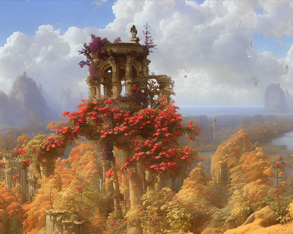 Majestic autumn landscape with towering rock formations and ancient ruins.