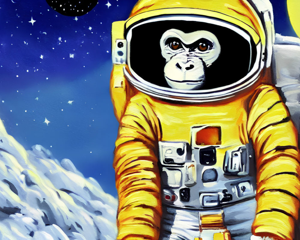 Monkey in astronaut suit on rocky surface with stars & planet.