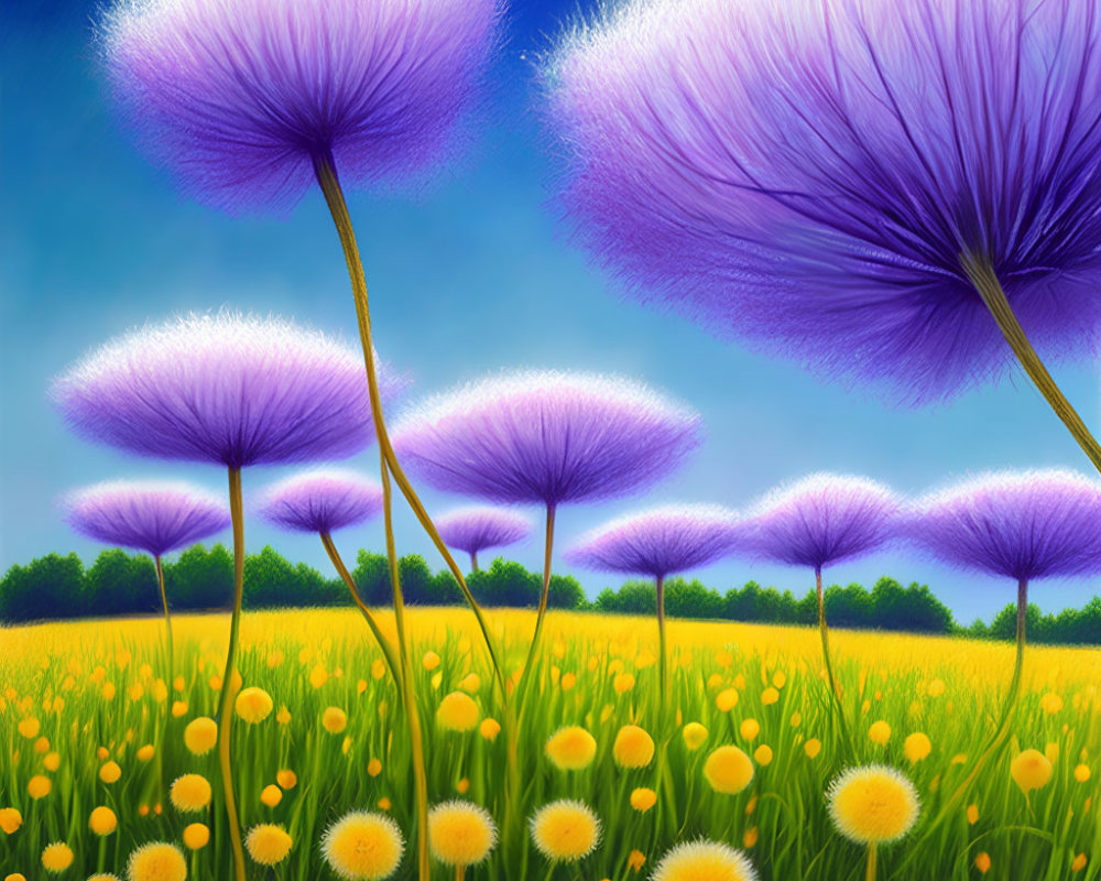 Colorful illustration: Oversized purple dandelion-like flowers under sunny sky