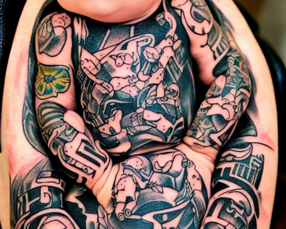 Baby with clear eyes held in sleeve of vivid tattoo designs