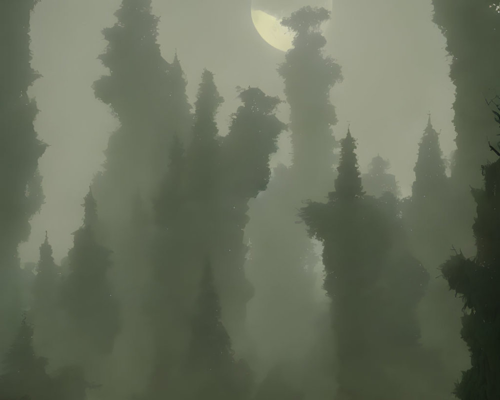 Misty forest night scene with tall tree silhouettes & crescent moon.