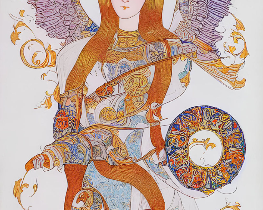 Detailed illustration of winged humanoid in ornate armor with shield and sword