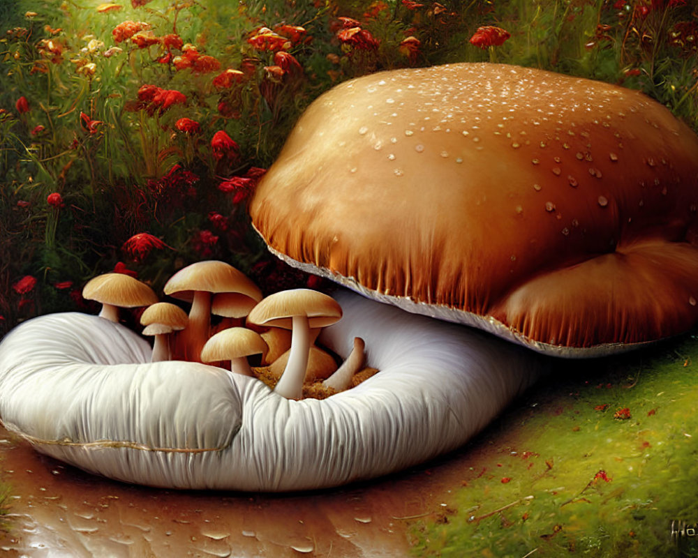 Realistic digital artwork of mushrooms in lush environment